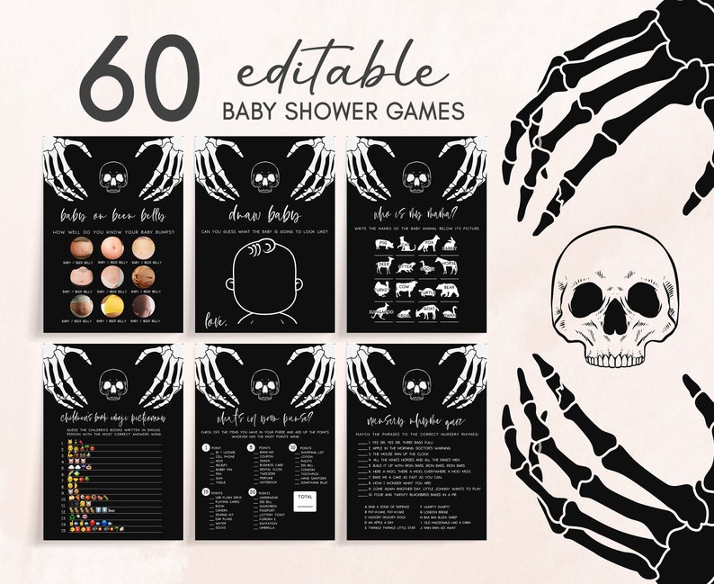 Halloween Gothic with Skeleton and Skull with A Little Boo is almost Due Baby Shower Games Bundle