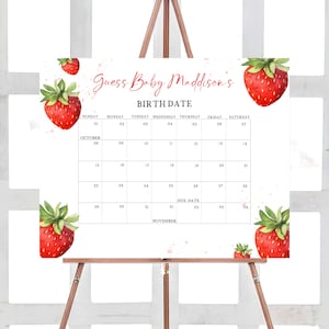 Bearbeitbarer Erdbeer-Babyparty-Fälligkeitsdatumskalender, minimalistischer roter Erdbeer-Babypartykalender, Beere süße Geburtstagsvorhersagen, 0631