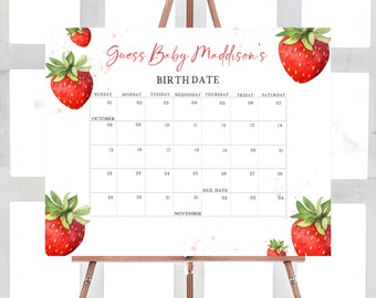 Calendario editable de fecha de vencimiento del baby shower de fresa, calendario minimalista del baby shower de fresa roja, predicciones de cumpleaños dulces de bayas, 0631