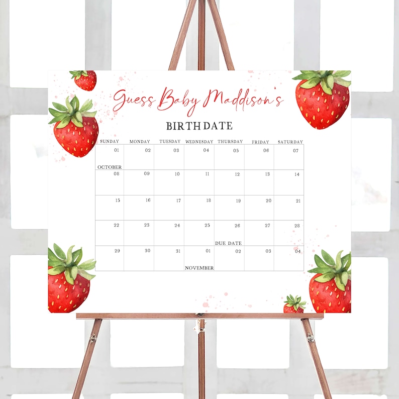 Calendario editable de fecha de vencimiento del baby shower de fresa, calendario minimalista del baby shower de fresa roja, predicciones de cumpleaños dulces de bayas, 0631 imagen 1