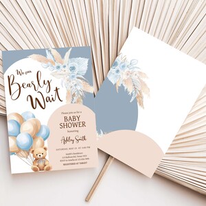 Editable Bear Baby Shower Invitation, We Can Bearly Wait Boho Baby Shower Invite, Blue Balloon Arch Boy Baby Shower Invitation Template 0690 image 2