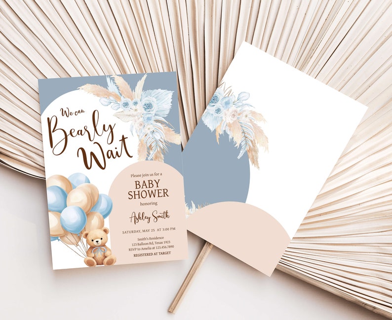 Editable Bear Baby Shower Invitation, We Can Bearly Wait Boho Baby Shower Invite, Blue Balloon Arch Boy Baby Shower Invitation Template 0690 image 2