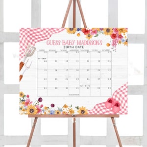 Pink BBQ Baby Shower Due Date Calendar Baby Q Shower Calendar Girl Backyard Picnic Coed Shower Birthday Predictions Printable Template 0302