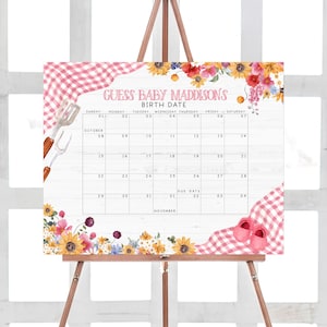 Pink Pink Babyparty Fälligkeitsdatum Kalender Baby Q Duschkalender Mädchen Backyard Picknick Coed Shower Geburtstag Geburtstag Voraussagen druckbare Vorlage 0302