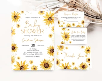 Edytowalny zestaw zaproszeń na baby shower ze słonecznikiem, rustykalne zaproszenie na baby shower ze słonecznikiem, zestaw zaproszeń na baby shower ze słonecznikiem w kwiaty, 01117