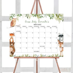Bearbeitbarer Wald-Babyparty-Fälligkeitskalender, Grüner Waldtier-Babypartykalender, geschlechtsneutrale Waldtier-Vorlage 0322