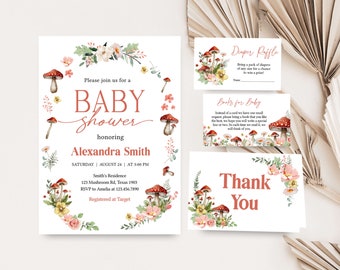 Editable Little Mushroom Baby Shower Invitation Bundle, Wildflower Mushroom Baby Shower Invite, Cottagecore Red Mushroom Baby Shower, 0845