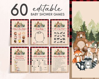 Editable Lumberjack Baby Shower Games Bundle, Woodland Lumberjack Baby Shower Game Pack, Woodland Animals Boy Baby Shower Game Template 0860