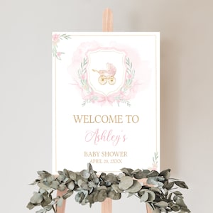 Bearbeitbares Aquarell Crest Mädchen-Babyparty-Willkommensschild, Blumenkamm-Babyparty-Willkommensplakat, Rosa Schleifen-Babypartyschild-Vorlage, 0658