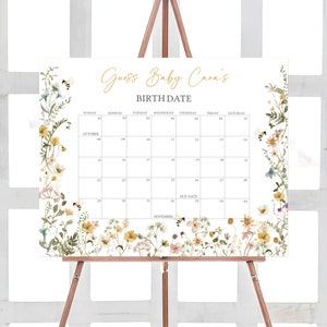 Editable Bee Baby Shower Due Date Calendar, Mommy to Bee Gender Neutral Baby Shower Calendar, Wildflower Bee Birthday Prediction Game, 0639 image 1