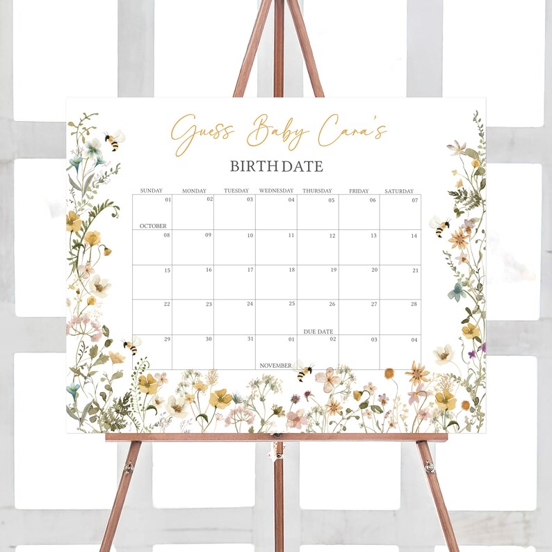 Editable Bee Baby Shower Due Date Calendar, Mommy to Bee Gender Neutral Baby Shower Calendar, Wildflower Bee Birthday Prediction Game, 0639 image 1