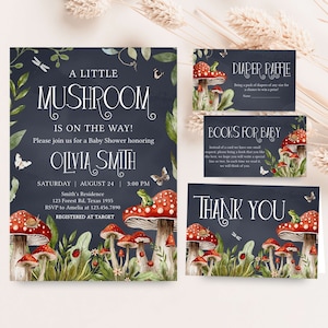 Editable Mushroom Baby Shower Invitation Bundle, Forest Little Mushroom Baby Shower Invites Set, Cottage Core Mushroom Baby Shower, 0844