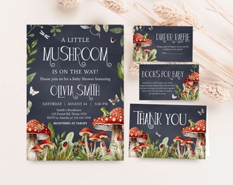 Editable Mushroom Baby Shower Invitation Bundle, Forest Little Mushroom Baby Shower Invites Set, Cottage Core Mushroom Baby Shower, 0844