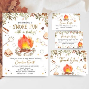 Editable S&#39;mores Baby Shower Invitation Bundle, Fall Rustic Campfire Bonfire Baby Shower Invite, Everything is S&#39;more Fun Invite Set, 01133
