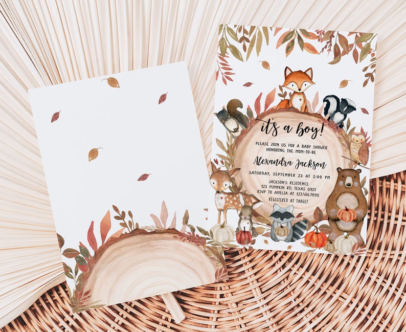 May include: Baby shower invitation with a woodland theme. The invitation features a watercolour illustration of forest animals, including a fox, bear, and deer, surrounding a wooden log with the text "it's a boy!". The invitation is decorated with autumn leaves and pumpkins.