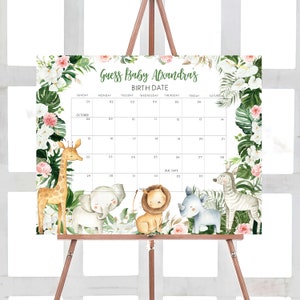 Editable Greenery Safari Baby Shower Due Date Calendar, Floral Jungle Baby Shower Calendar, Safari Animals Wild One Birthday Prediction 0291 image 1