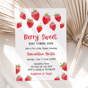 Editable Strawberry Baby Shower Invitation, Berry Sweet Invitation, Printable Strawberries Template, Summer Baby Shower 0134 image 2