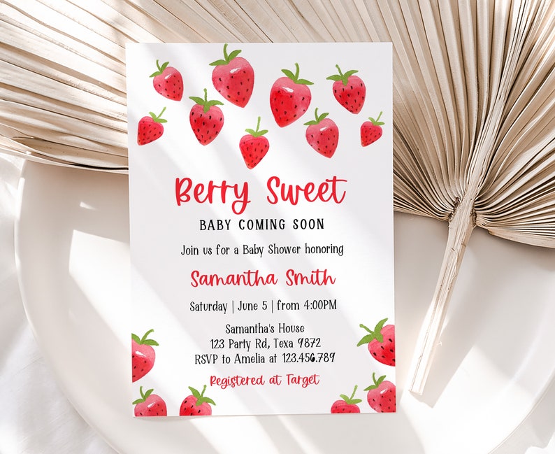 Editable Strawberry Baby Shower Invitation, Berry Sweet Invitation, Printable Strawberries Template, Summer Baby Shower 0134 image 2