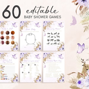 Ensemble de jeux modifiables pour baby shower de papillons bohèmes, paquet de jeux de douche de papillons violets, modèle imprimable 0232 de jeu de bébés papillons bohèmes