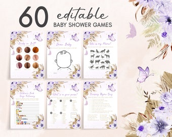 Paquete editable de juegos de baby shower Boho Butterfly, paquete de juego de ducha de mariposa púrpura, plantilla imprimible de juego Boho Baby Butterflies 0232