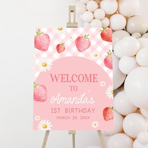Edytowalny znak powitalny Berry First Birthday, znak urodzinowy Strawberry, różowy plakat z okazji pierwszych urodzin Berry, dekoracja na pierwsze urodziny dziewczynki 66BD