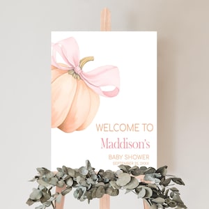 Editable Sweet Little Pumpkin Baby Shower Welcome Sign, Pink Bow Pumpkin Bow Baby Shower Welcome Poster, Fall Orange Pumpkin Sign, 01128