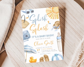 May include: A baby shower invitation with a blue and yellow watercolor theme. The invitation says "Splish Splash It's a Baby Bash!" and includes details about the event, including the date, time, location, and RSVP information. The invitation also includes a variety of watercolor illustrations, including a sun, a beach umbrella, a beach ball, a pair of flip flops, a rubber ducky, a camera, a bottle, and a straw hat.