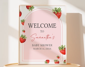 Signo de bienvenida editable del baby shower de fresa, cartel de bienvenida del baby shower dulce de bayas, signo de baby shower de fresa roja, primer bebé de bayas 0616