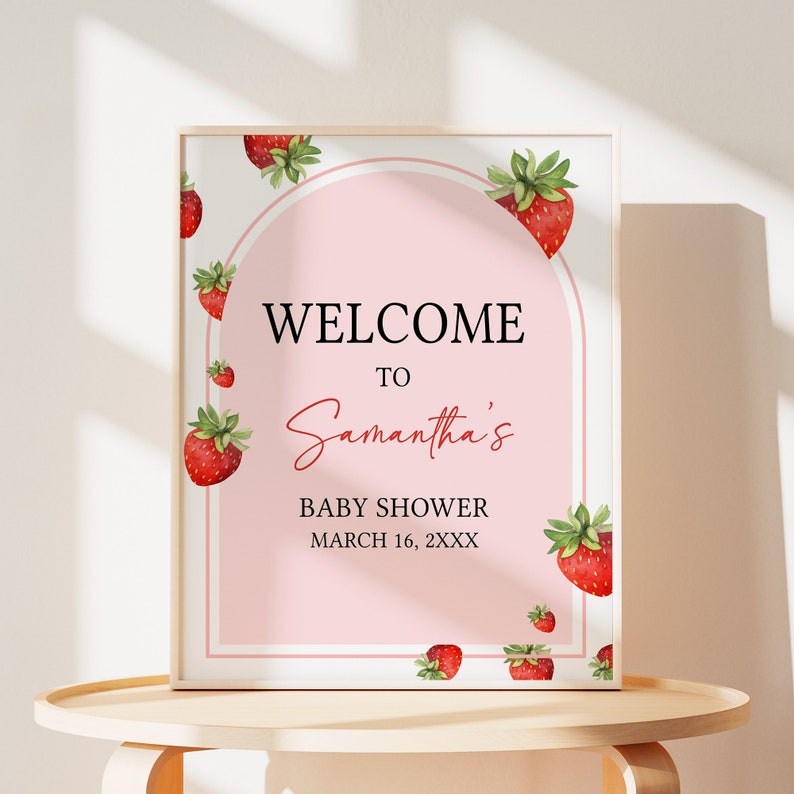 Bearbeitbares Erdbeer-Babyparty-Willkommensschild, Beere Süßes Babyparty-Willkommensplakat, rotes Erdbeer-Babypartyschild, Beere erstes Baby 0616 Bild 1