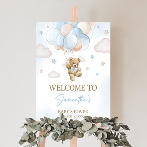 Editable Boy Bear Balloon Baby Shower Welcome Sign, We Can Bearly Wait Baby Shower Welcome Poster, Blue Boho Bear Baby Shower Sign, 0623 image 1