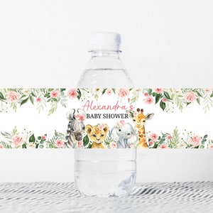 Editable Jungle Baby Shower Water Bottle Labels, Girl Safari Animals Baby Shower Bottle Label, Safari Favors, Floral Baby Girl Decor 0185