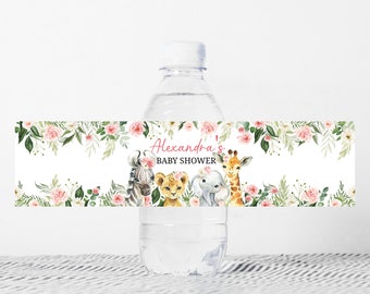 Editable Jungle Baby Shower Water Bottle Labels, Girl Safari Animals Baby Shower Bottle Label, Safari Favors, Floral Baby Girl Decor 0185