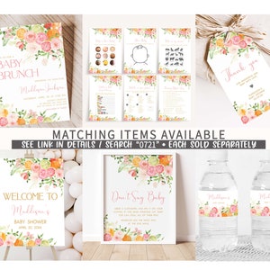 May include: A set of printable baby shower party decorations featuring a floral design with pink, orange, and green citrus fruits. The set includes a welcome sign, a don't say baby sign, water bottle labels, a thank you tag, and a baby brunch invitation. The text on the invitation reads "Baby Brunch" and "Mallison Jackson".