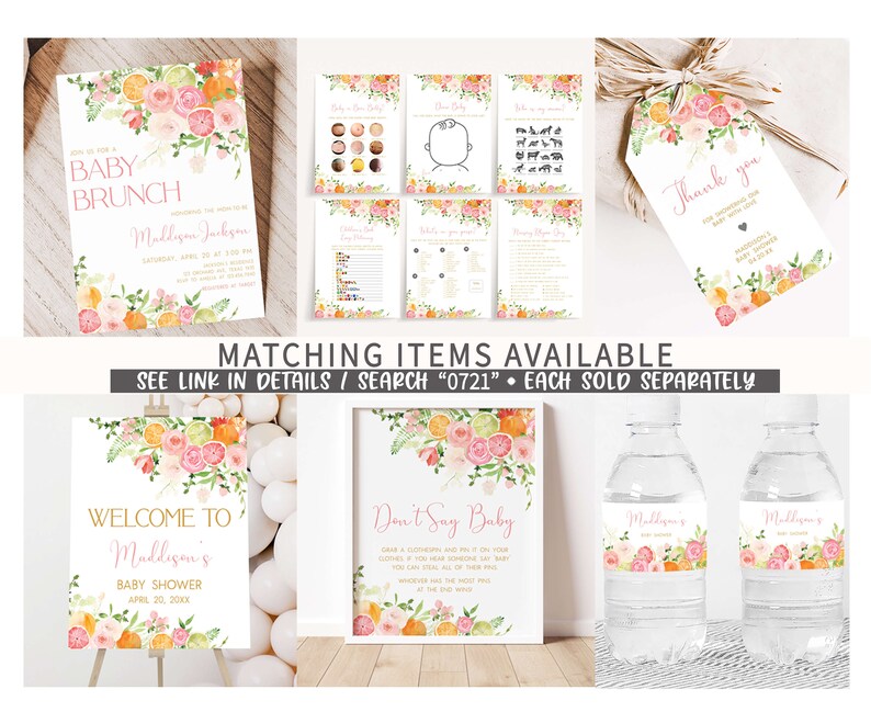 May include: A set of printable baby shower party decorations featuring a floral design with pink, orange, and green citrus fruits. The set includes a welcome sign, a don't say baby sign, water bottle labels, a thank you tag, and a baby brunch invitation. The text on the invitation reads "Baby Brunch" and "Mallison Jackson".
