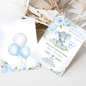 Paquete de invitación editable de baby shower de elefante azul, conjunto de invitación de baby shower con globo de elefante niño, invitación de baby shower de niño con globo azul, 0617 imagen 2