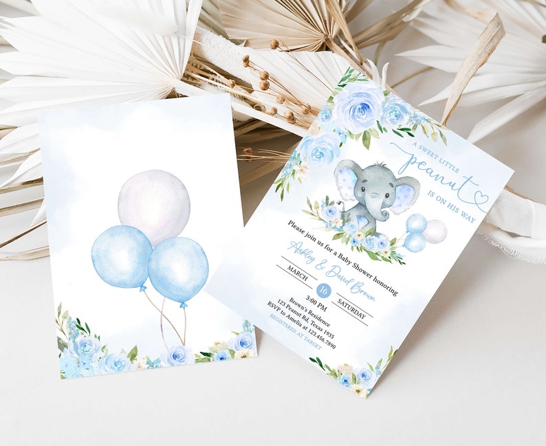 Paquete de invitación editable de baby shower de elefante azul, conjunto de invitación de baby shower con globo de elefante niño, invitación de baby shower de niño con globo azul, 0617 imagen 2