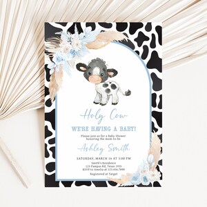 Editable Boy Holy Cow Baby Shower Invitation, Blue Highland Cow Baby Shower Invite, Boho Floral Farm Baby Shower Invitation Template, 0663 image 1