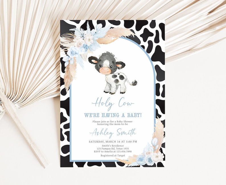 Editable Boy Holy Cow Baby Shower Invitation, Blue Highland Cow Baby Shower Invite, Boho Floral Farm Baby Shower Invitation Template, 0663 image 1