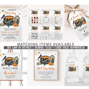 May include: A collection of Halloween-themed baby shower decorations. Includes invitations, games, a welcome sign, water bottle labels, and a thank you tag. Designs feature a cauldron, pumpkins, and spooky elements.