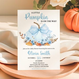 Editable Blue Floral Bow Pumpkin Baby Shower Invitation, Blue Bow Fall Baby Shower Invite, Little Pumpkin Coquette Boy Baby Shower, 01138
