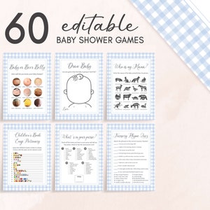Pacchetto di giochi modificabili per baby shower a quadretti blu, pacchetto di giochi per baby shower per picnic per ragazzi, neonato a quadretti, modello di giochi per barbecue baby shower, 0775