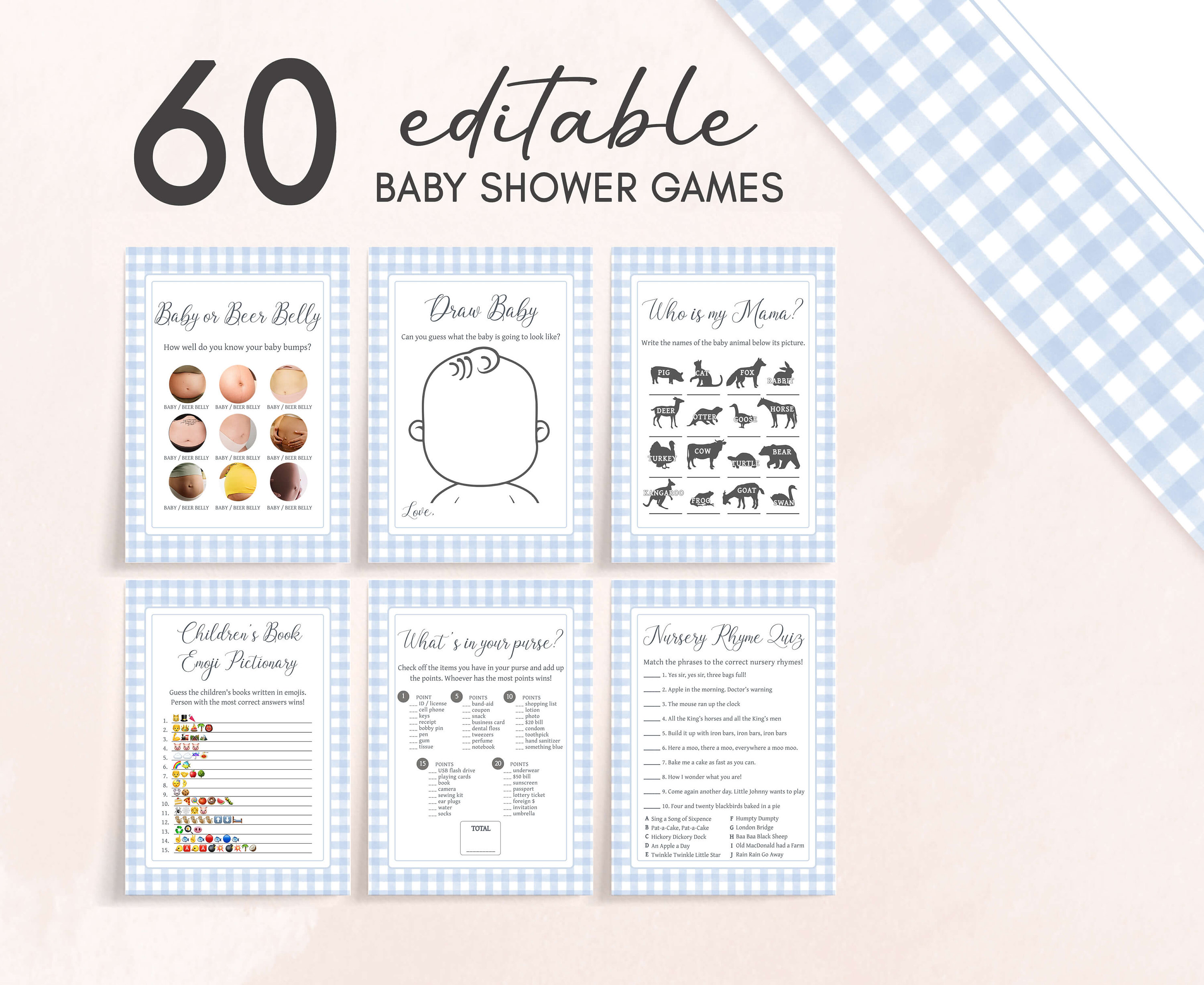 Editable Blue Gingham Baby Shower Games Bundle, Boy Picnic Baby Shower Game Pack, Gingham Baby Boy, BBQ Baby Shower Games Template, 0775
