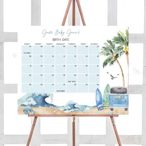 Editable Baby on Board Baby Shower Due Date Calendar, Surf Beach Baby Shower Calendar, Retro Boy Summer Baby Shower Birthday Prediction 0709 image 1