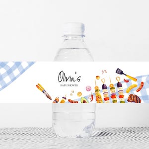 Editable Baby-Q Baby Shower Bottle Label, Blue Gingham Backyard BBQ Baby Shower Water Label, Couples Picnic Baby Shower Bottle Sticker 01052