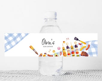 Editable Baby-Q Baby Shower Bottle Label, Blue Gingham Backyard BBQ Baby Shower Water Label, Couples Picnic Baby Shower Bottle Sticker 01052