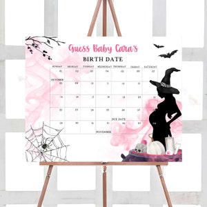 Editable A Baby is Brewing Girl Halloween Baby Shower Due Date Calendar, Pink Witch Baby Shower Calendar Halloween Birthday Prediction 0452 image 1