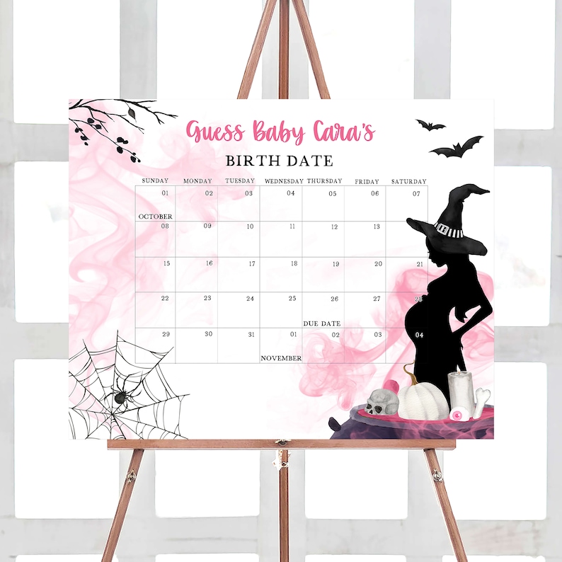 Editable A Baby is Brewing Girl Halloween Baby Shower Due Date Calendar, Pink Witch Baby Shower Calendar Halloween Birthday Prediction 0452 image 1