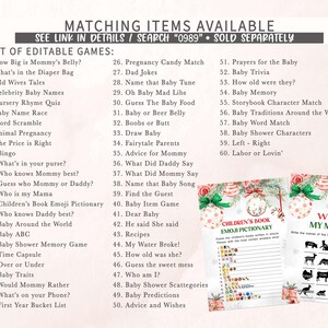 May include: A list of editable baby shower games, including "How Big is Mommy's Belly?" and "Baby Trivia." The image also features two printable game sheets: "Children's Book Emoji Pictionary" and "Who is My Mama?" Festive holiday decorations are visible.