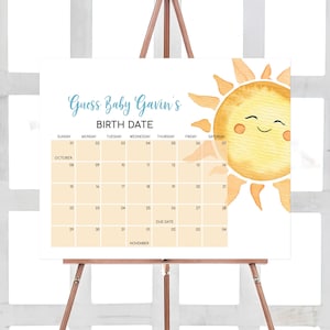 Bearbeitbar Hier kommt der Sohn Baby Shower Due Date Kalender, Boy Boho Sunshine Baby Shower Kalender, Hier kommt das Sun Due Date Poster, 01053