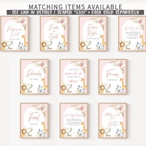 May include: A set of printable signs for a baby shower with a jungle theme. The signs are pink with brown and white animal illustrations and text that says "Babies on Suit", "Books & Gifts", "Diaper Raffle", "Don't Say Baby", "Drinks", "Please Help to Make Sure You Take the Address", "Favors", "Food", "Last Night Diapers", "More-Oh Bar".